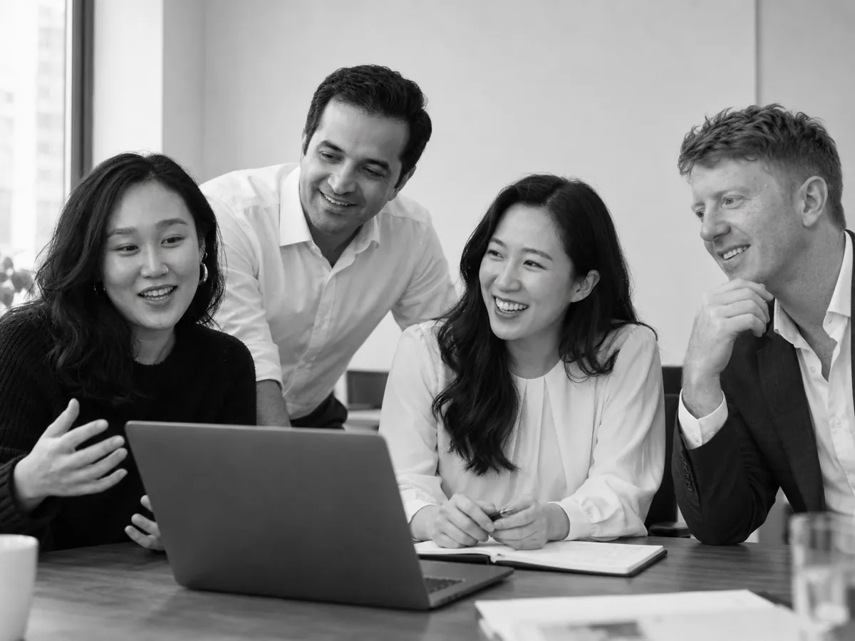 A team talking around a laptop in a bright office