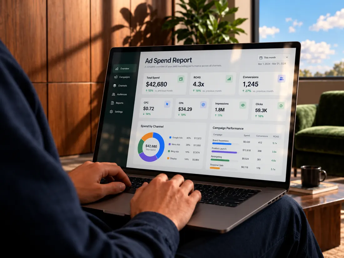 Someone working on a laptop showing an ad spend report