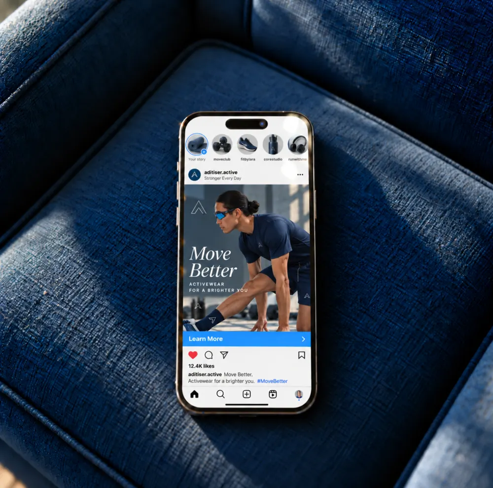 An activewear ad on a smartphone resting on a blue armchair