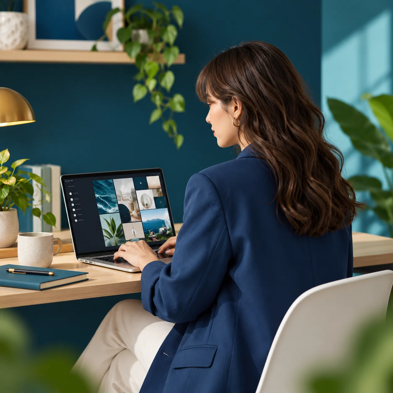 A woman in a navy jacket working at her laptop